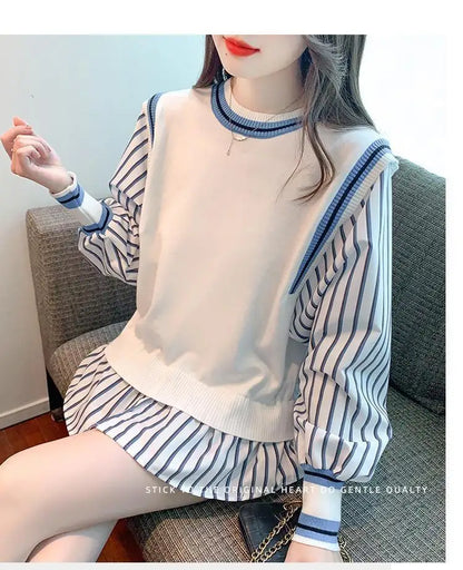 Autumn Preppy Style Patchwork O-neck Fake Two Pieces Top Tee Female Casual Striped Long Sleeve Sweatshirts Women Clothes Tshirt.