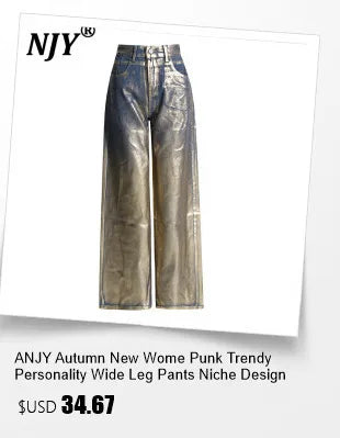 ANJY Autumn Winter Women Fashion Casual Versatile Washed Tide Diamonds Straight Jeans Trend Design Sense High Waist Pants A10636