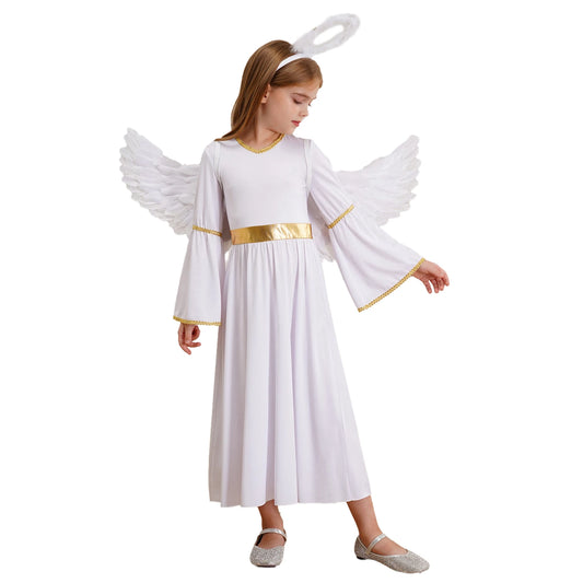 Kinder Mädchen Engel Kostüm Weiß Griechischer Gott Robe Halloween Cosplay Kleid Rollenspiel Karneval Performance Kleid mit Flügeln Dress Up.