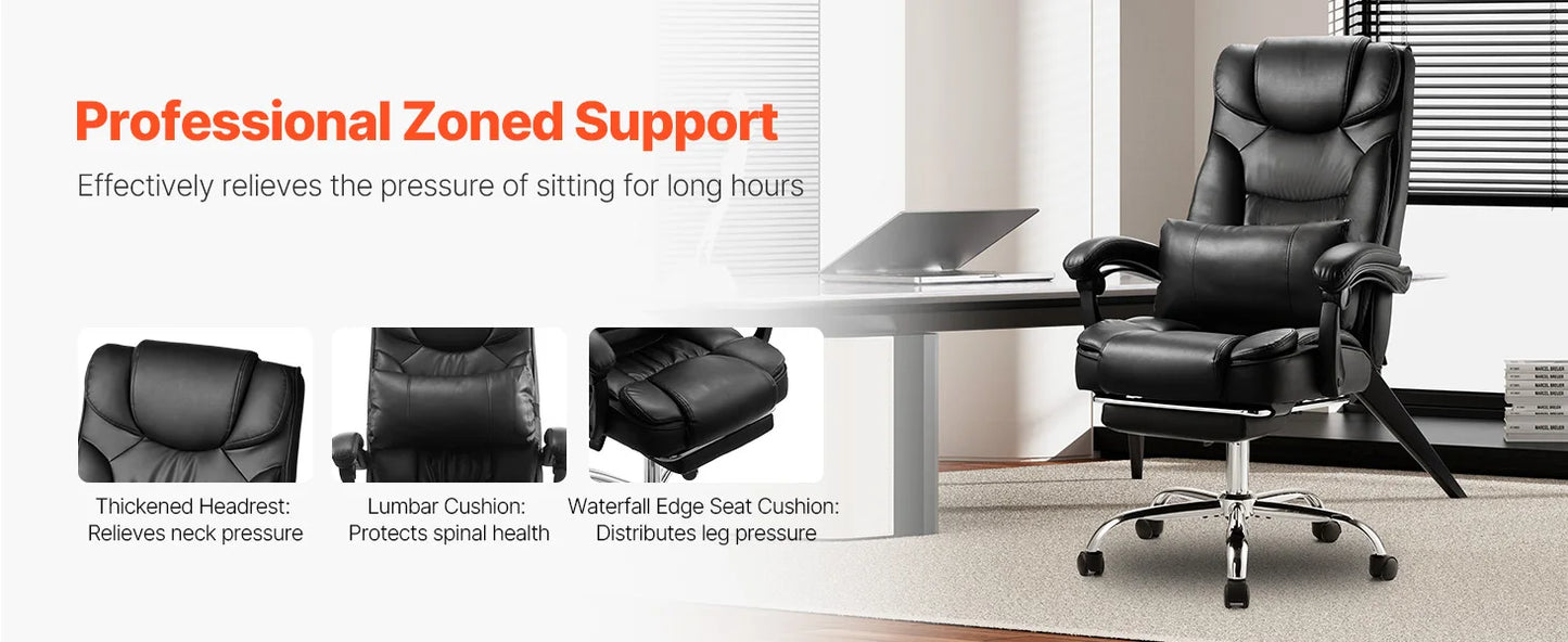 VEVOR Chefsessel Bürostuhl Drehstuhl mit hoher Rückenlehne & Fußstütze & Lendenkissen, ergonomischer Schreibtischstuhl mit 135° Neigung und einstellbarer Höhe, für Arbeit Arbeitszimmer Spielen