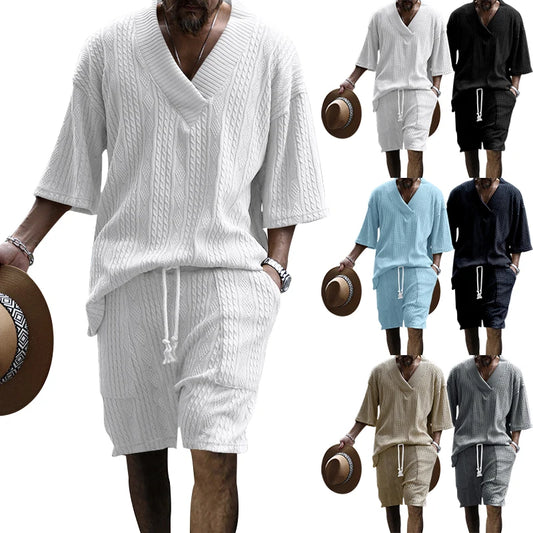 2024 Summer New Men's High Street Casual Loose Jacquard Sportswear V-Neck Short Sleeve Shorts Men's Fashion Suit.