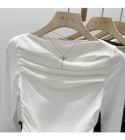 Spicy Girl Style One-Collar Ruffles Cropped Long Sleeve T-Shirt Women's Autumn/Winter New Arrival Base Layer Sweatshirt.
