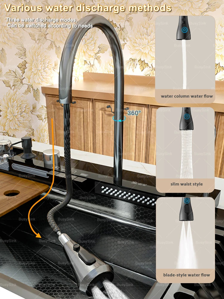 Stainless Steel Kitchen Sink Waterfall Wash Vegetables Basin Intelligent Digital Display Faucet Dish Wash Bowl Large Single Slot