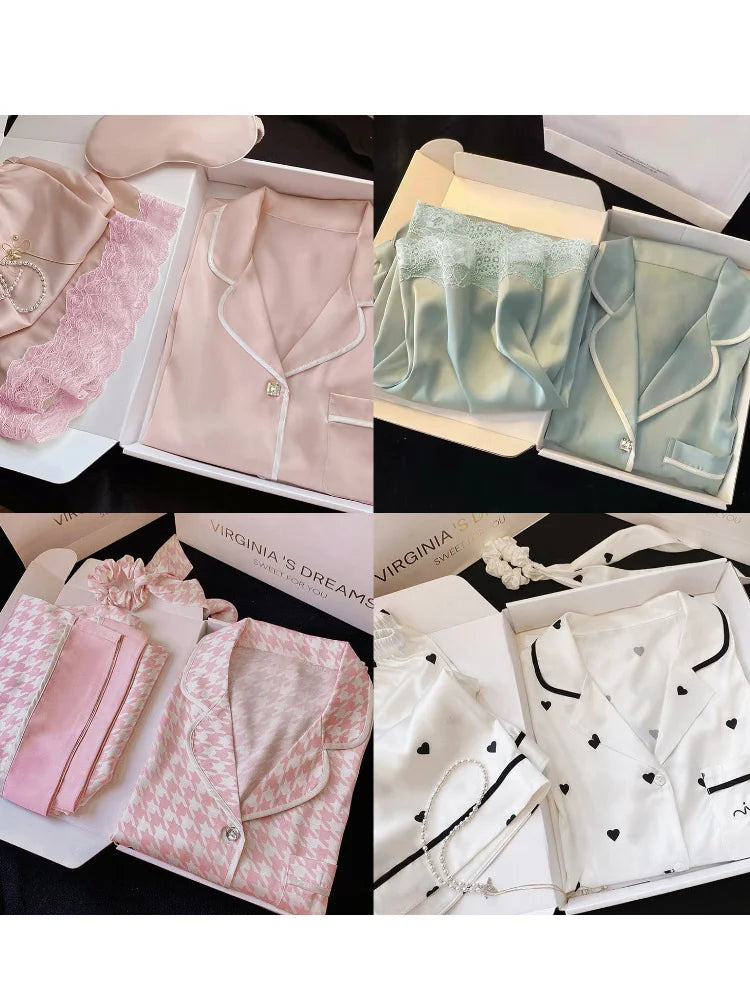 Sommer Damen Eis Seide Premium Gefühl Pyjamas Homewear Set Mädchen Kurzarm Sexy Spitze Spitze Einfache Pyjamas Homewear Set.