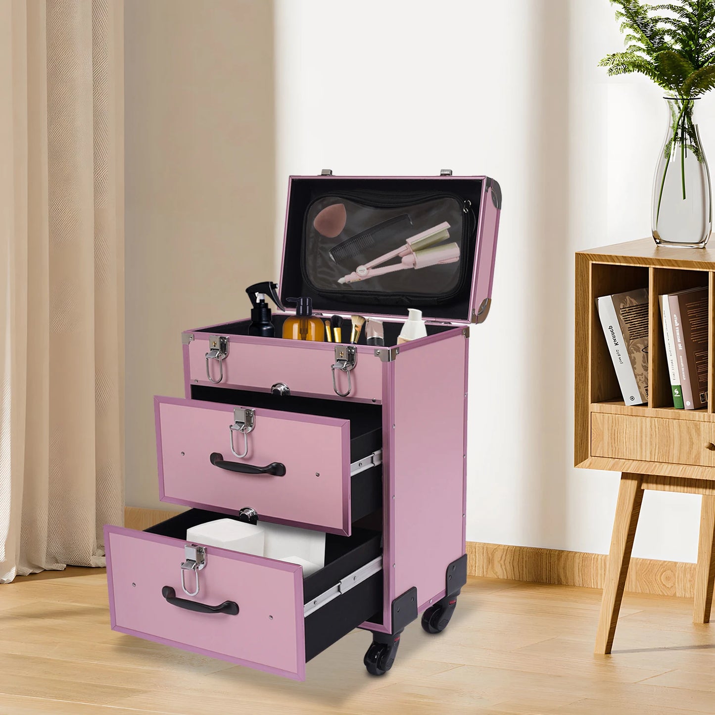 3 in 1 Rolling Makeup Case with Drawer, Large Makeup Case Organizers, Profesional Cosmetic Case for Salon Barber, Light Pink.