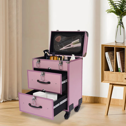 3 in 1 Rolling Makeup Case with Drawer, Large Makeup Case Organizers, Profesional Cosmetic Case for Salon Barber, Light Pink.