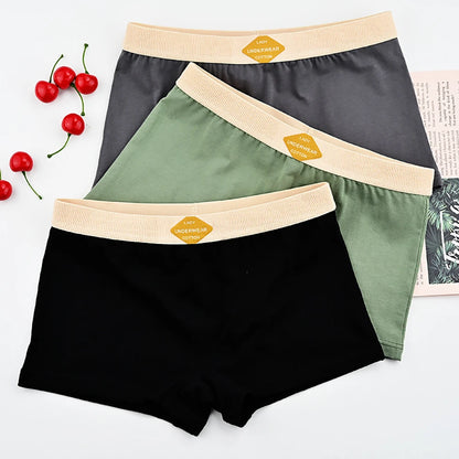 3PCS/Pack 100% Cotton Multicolor Solid Women's Boxer Knit Breathable Panties Underwear Soft High Elastic Mid-rise Thin Boyshorts.