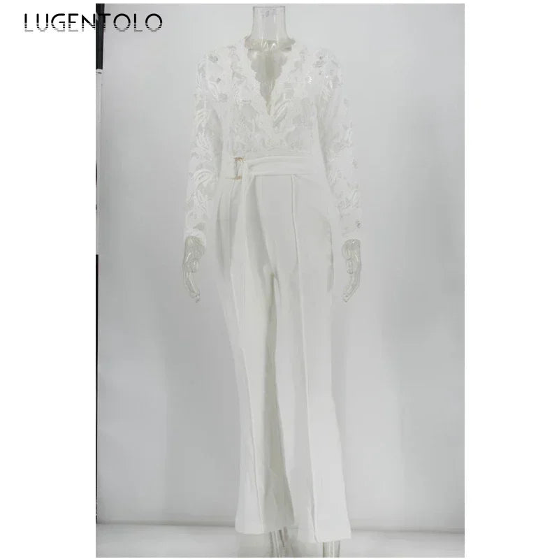 Women White Jumpsuit Lace Stitching Long Sleeve V-neck Large Size Wide Leg Pants Office Lady  Jumpsuits for Woman Lugentolo.