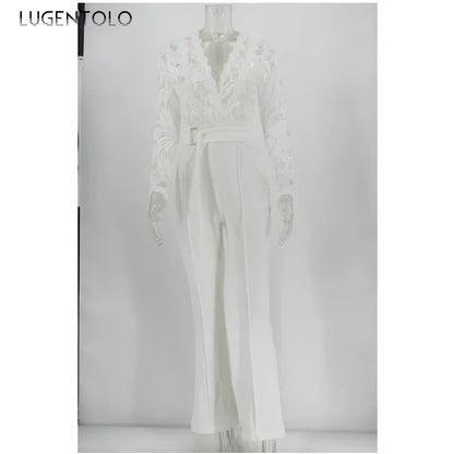 Women White Jumpsuit Lace Stitching Long Sleeve V-neck Large Size Wide Leg Pants Office Lady  Jumpsuits for Woman Lugentolo.