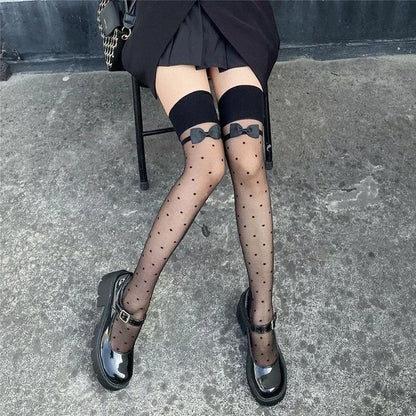 Japanese Style Thigh High Stockings Long Socks Women Cute Sweet Girls Lolita Bow Over Knee Socks Polka Dot Summer Nylon Stocking.