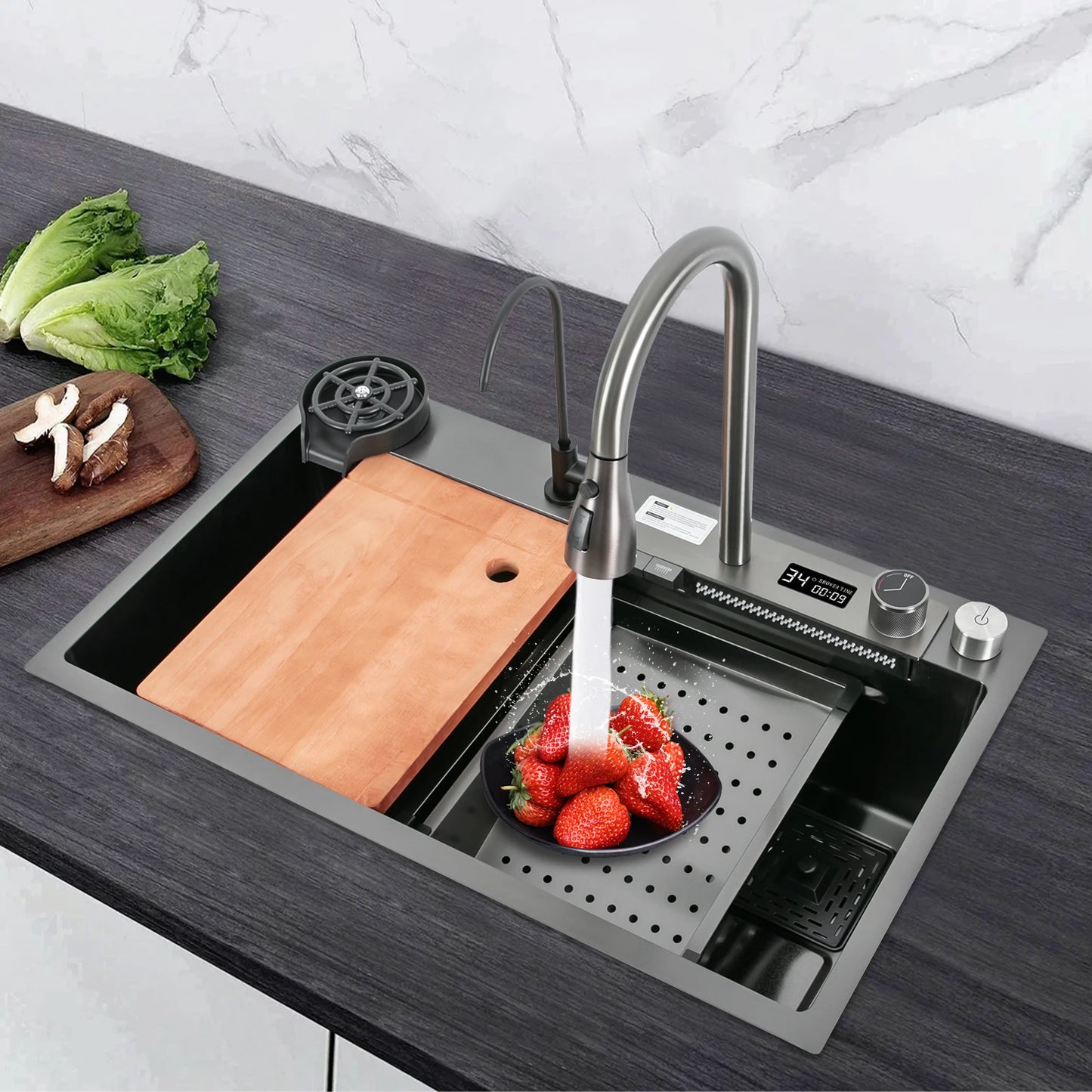 75 * 46 cm Edelstahl-Wasserfall-Küchenspüle mit ausziehbarem Wasserhahn, Seifenspender, Tassenwascher