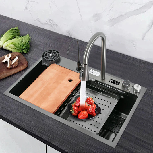 75 * 46 cm Edelstahl-Wasserfall-Küchenspüle mit ausziehbarem Wasserhahn, Seifenspender, Tassenwascher