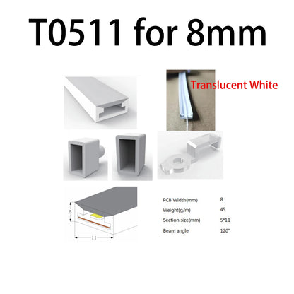 LED Silicone Neon Tube T0511 T0513 T0515 T0308 Flexible Protection Cover Transparent Matte Black Milky For 6-12mm WS2812  Strip.