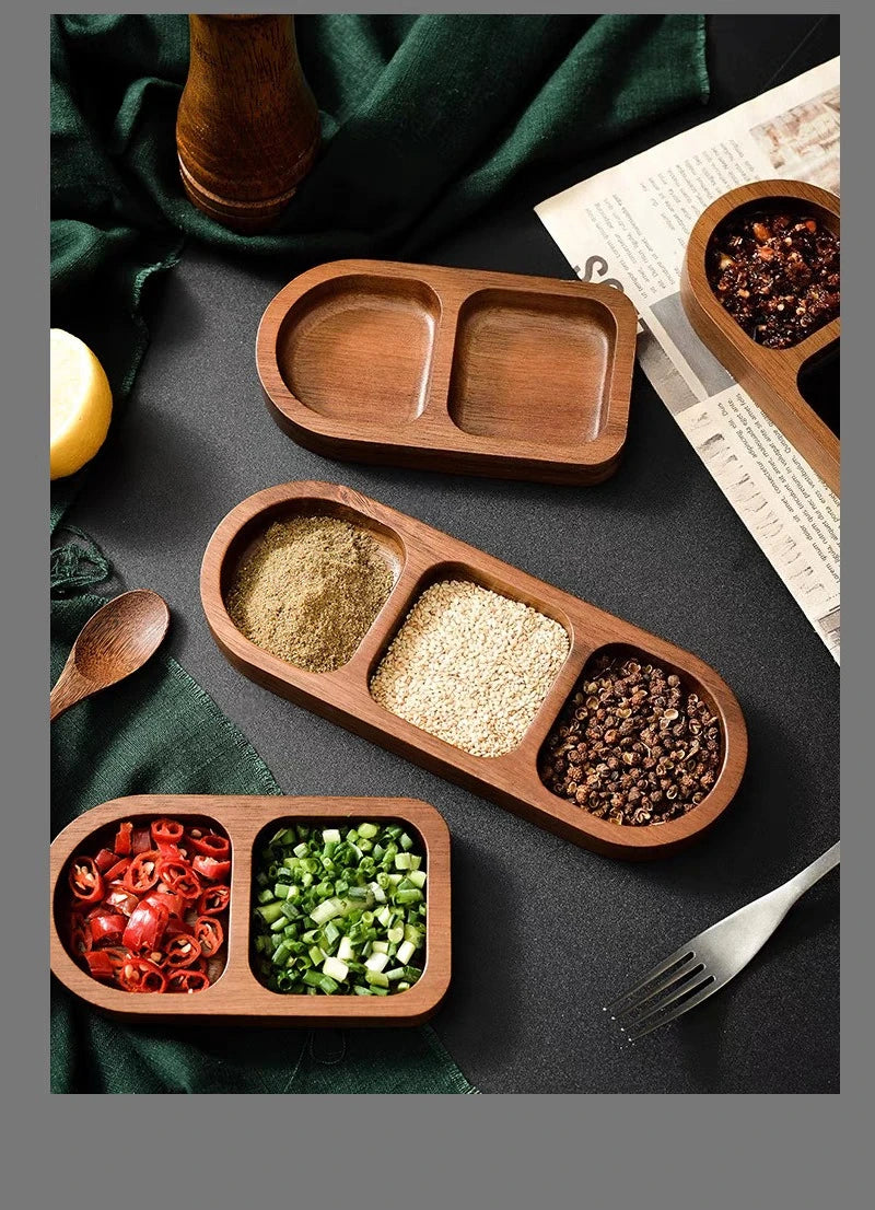 Seasoning Wood Snack Plate with Compartments 2/3/4 Grids Fruit Snacks Food Storage Trays Sauce Plate Kitchen Accessories 일본 주방용품.