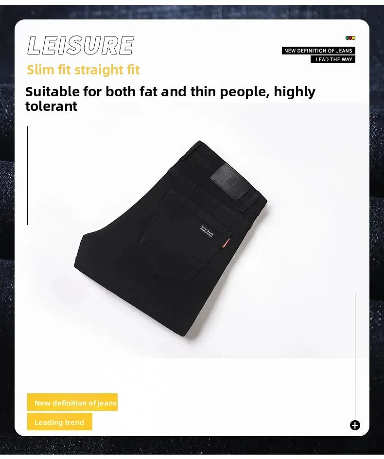 Men's Black Straight Leg Jeans Casual Elastic Business Pants High Waist Slim Fit Long Trousers New 2025 Gray Color.