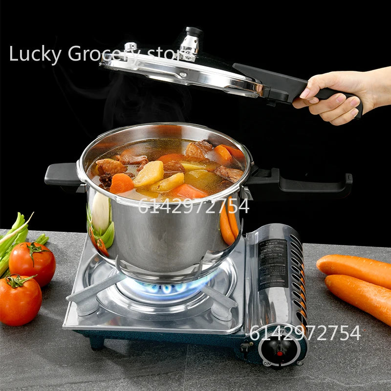 Stainless steel pressure cooker, stove compatible, used for safe cooking, canning, and stewing.
