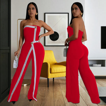 Elegant Sleeveless Wrap Chest Women's Button Strapless Irregular Jumpsuits 2025 One PieceWide Leg Outfits Night Club Streetwear.