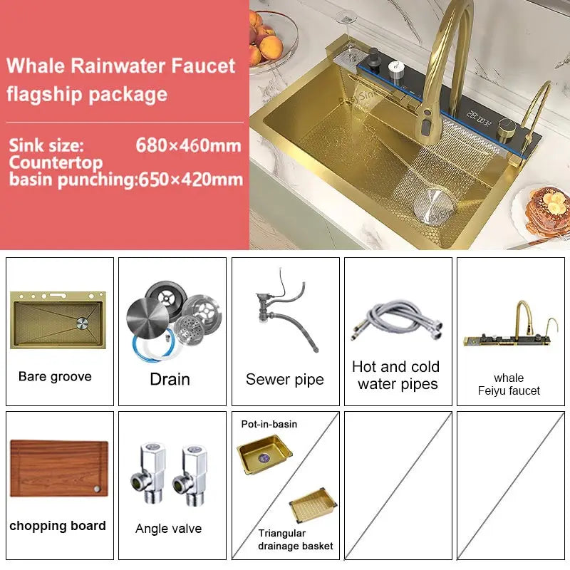 Stainless Steel Silver Kitchen Sink Multifunction Waterfalls Intelligent Digital Display Faucet Household Large Single Slot