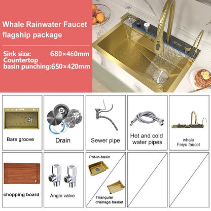 Stainless Steel Silver Kitchen Sink Multifunction Waterfalls Intelligent Digital Display Faucet Household Large Single Slot