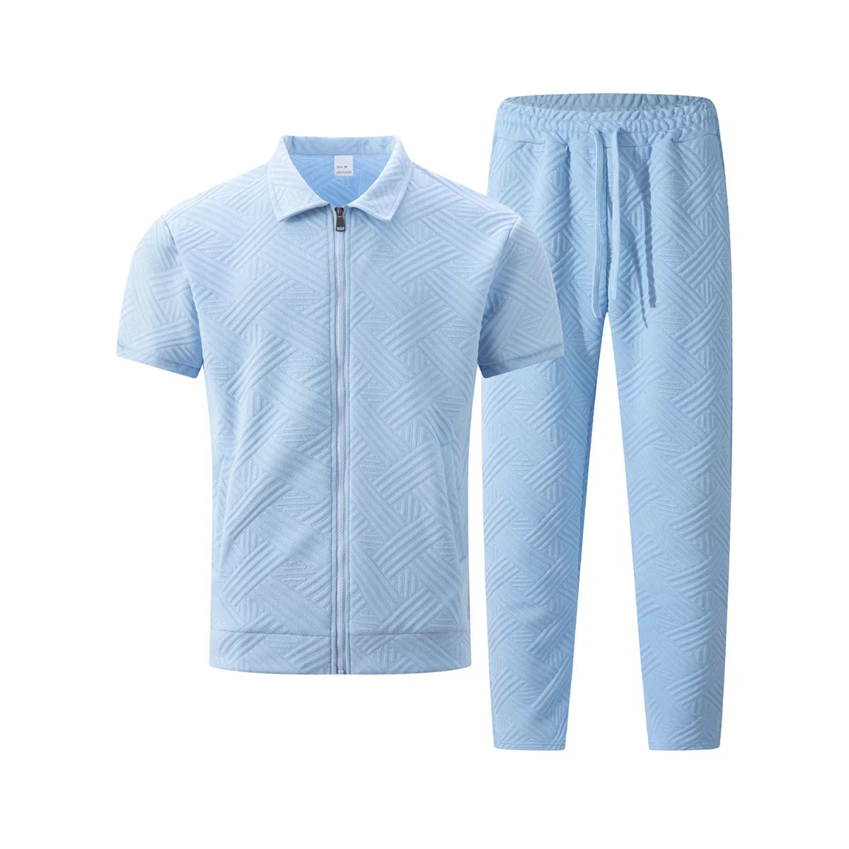 Men's Summer New Style Solid Color Knitted Short Sleeve Cardigan with Long Pants Casual Set Sporty Look from Mainland China.