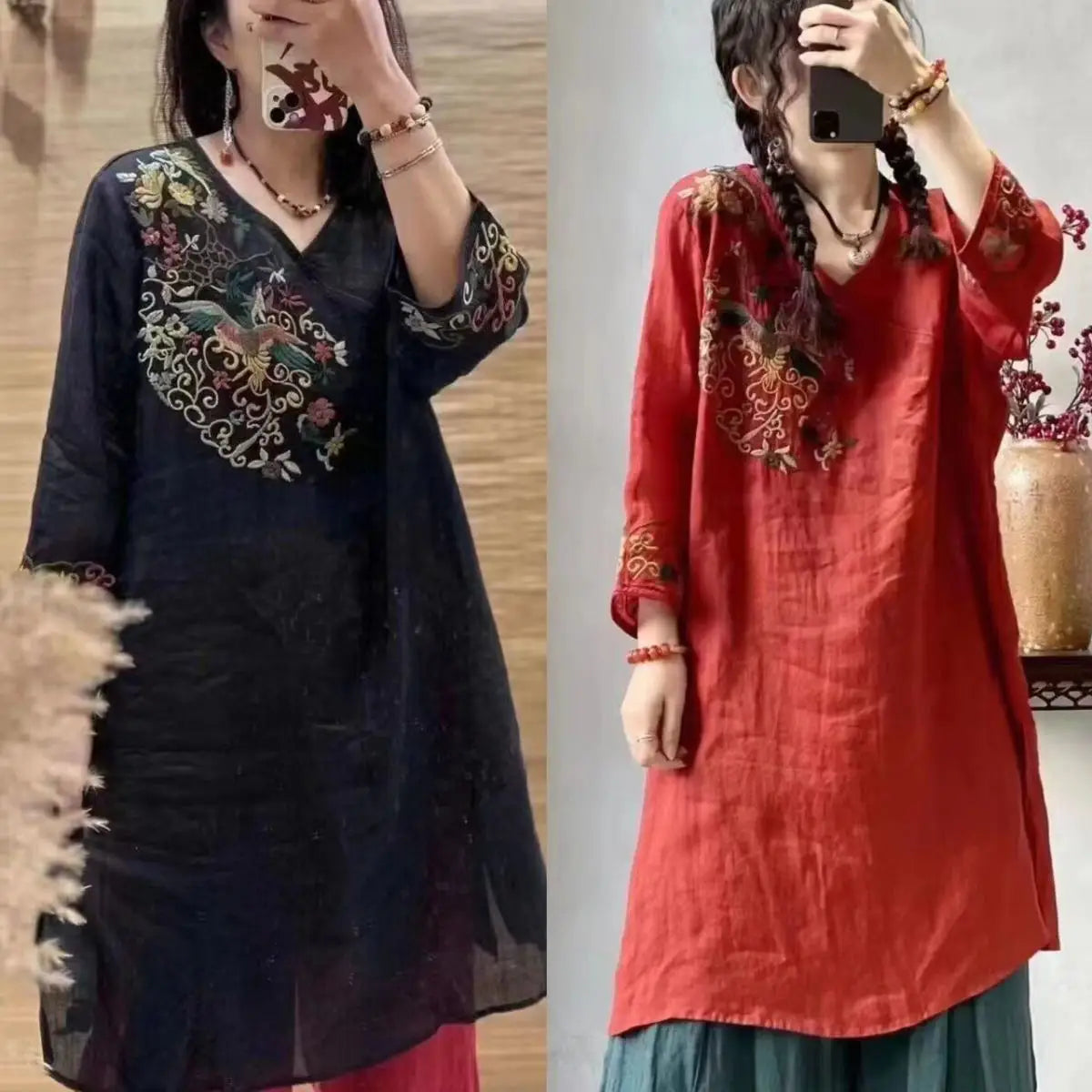 Schwerindustrie besticktes Kleid im Ethno-Stil, mittellang, Sommer, neuer Stil, Retro-Top, Rock mit Neun-Punkt-Ärmeln.