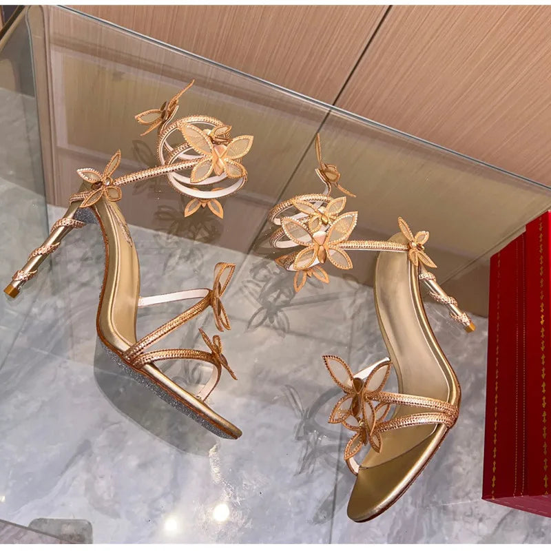 Luxury Crystal Embellished Butterfly Detail Women Sandals Sexy Coiled Strap Thin High heels Gladiator sandals Summer Party Shoes