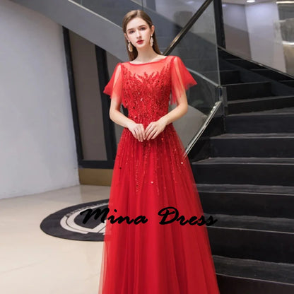 Mina Maßgeschneiderte, kurze Ärmel, elegante Partykleider 2024, Hochzeitskleider für formelle Anlässe, Spitzen-Ballkleider, Stickerei