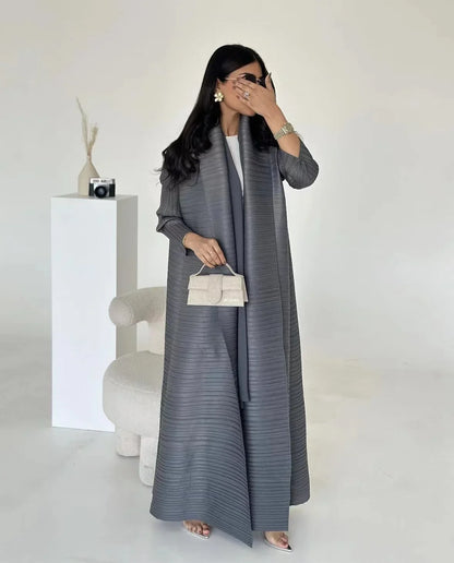 Muslim Abaya Black Simple Commuter Fashion Pleated Loose Long Trench Coat Jacket 2024 Fall New.