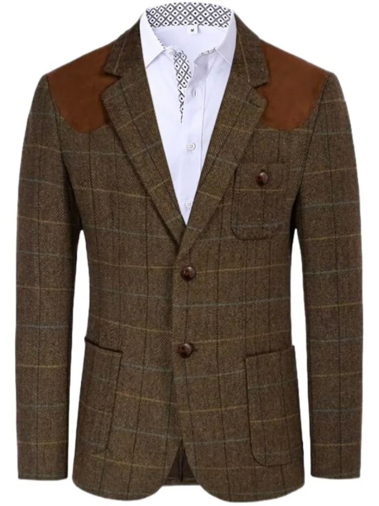 British-style men's suit jacket Houndstooth tweed sports jacket Double-breasted formal jacket    British-Style Men's Suit Jacket.