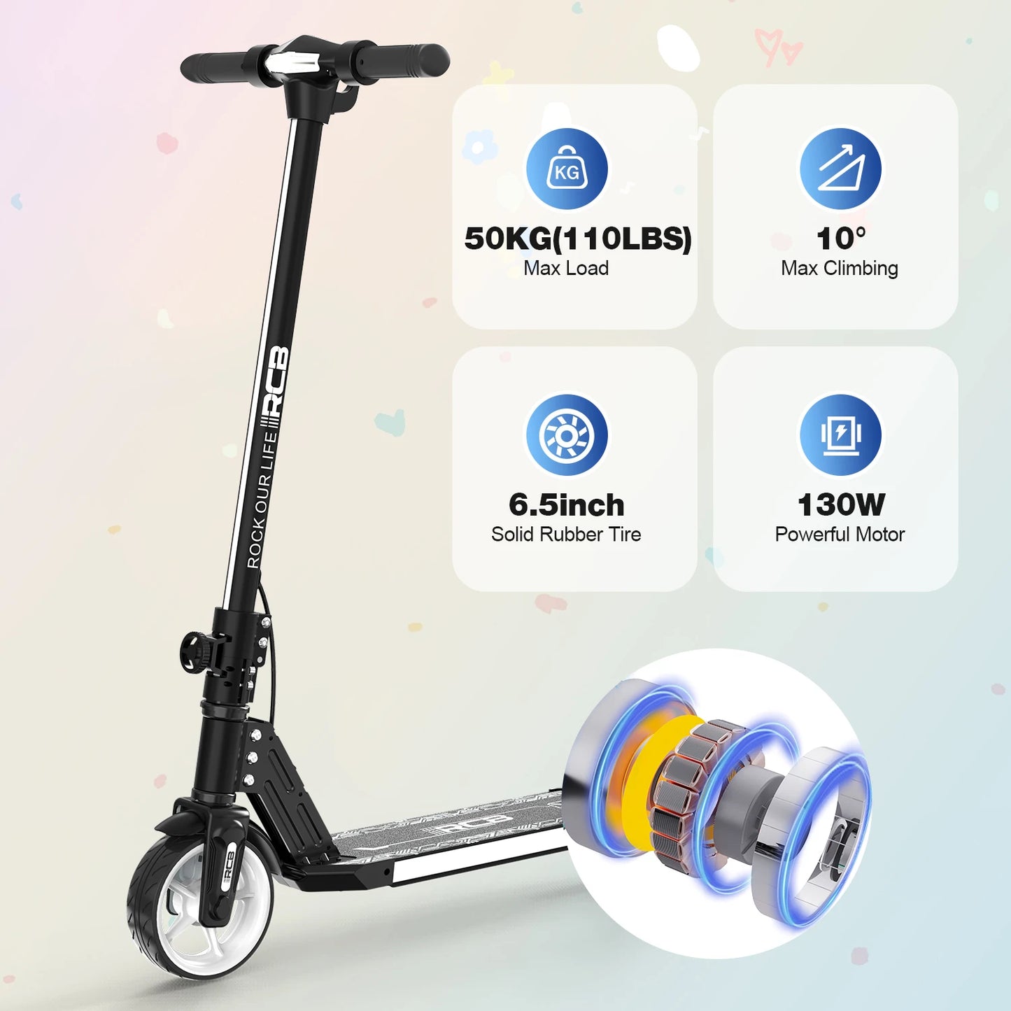 RCB R12 Electric Scooter for Kids Age 6-12, Colorful Lights, 6.5" Foldable E Scooter, LED Display, Lightweight Electric Scooter.