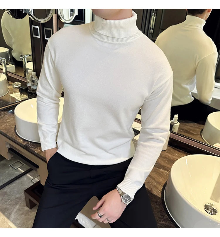 Korean Fashion Autumn Winter Sweaters Men Pullovers Fleece Turtleneck Knitted Sweatshirt Warm Bottoming Shirts.