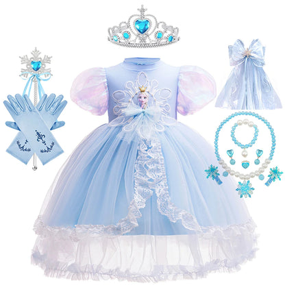 Mädchen Schneekönigin Spitze Schleife Prinzessin Kleid Elsa Cosplay Disney Performance Kleidung Kinder Halloween Karneval Party Fee Outfits