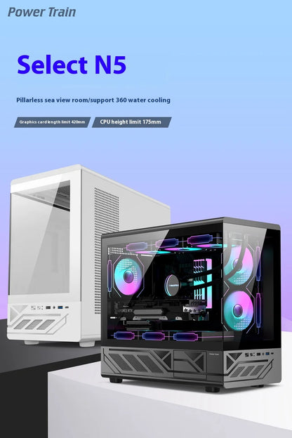 Power Train N5 MATX desktop room with a column-free sea view features a glass side computer case supports 360 water cooling.