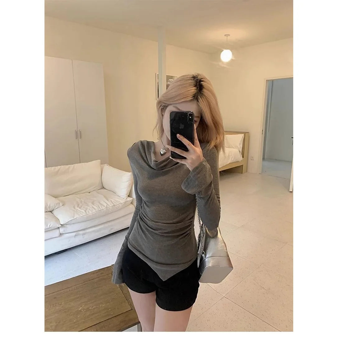 American Style Spicy Girl Irregular One Shoulder Long Sleeve T-Shirt Women's Spring Autumn Slimming Versatile Base Shirt Top.