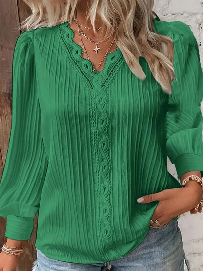 Elegant Summer Hollow Lace Patchwork Women Shirt Chic Blouse V Neck Long Sleeve Shirt Plain Lace Casual Basic Regular Tops.