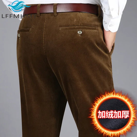 7712 Winter Corduroy Thick Warm Casual Pants for Men Middle-aged Men Vintage Trouser High Waist Loose Straight Solid Color Pants.