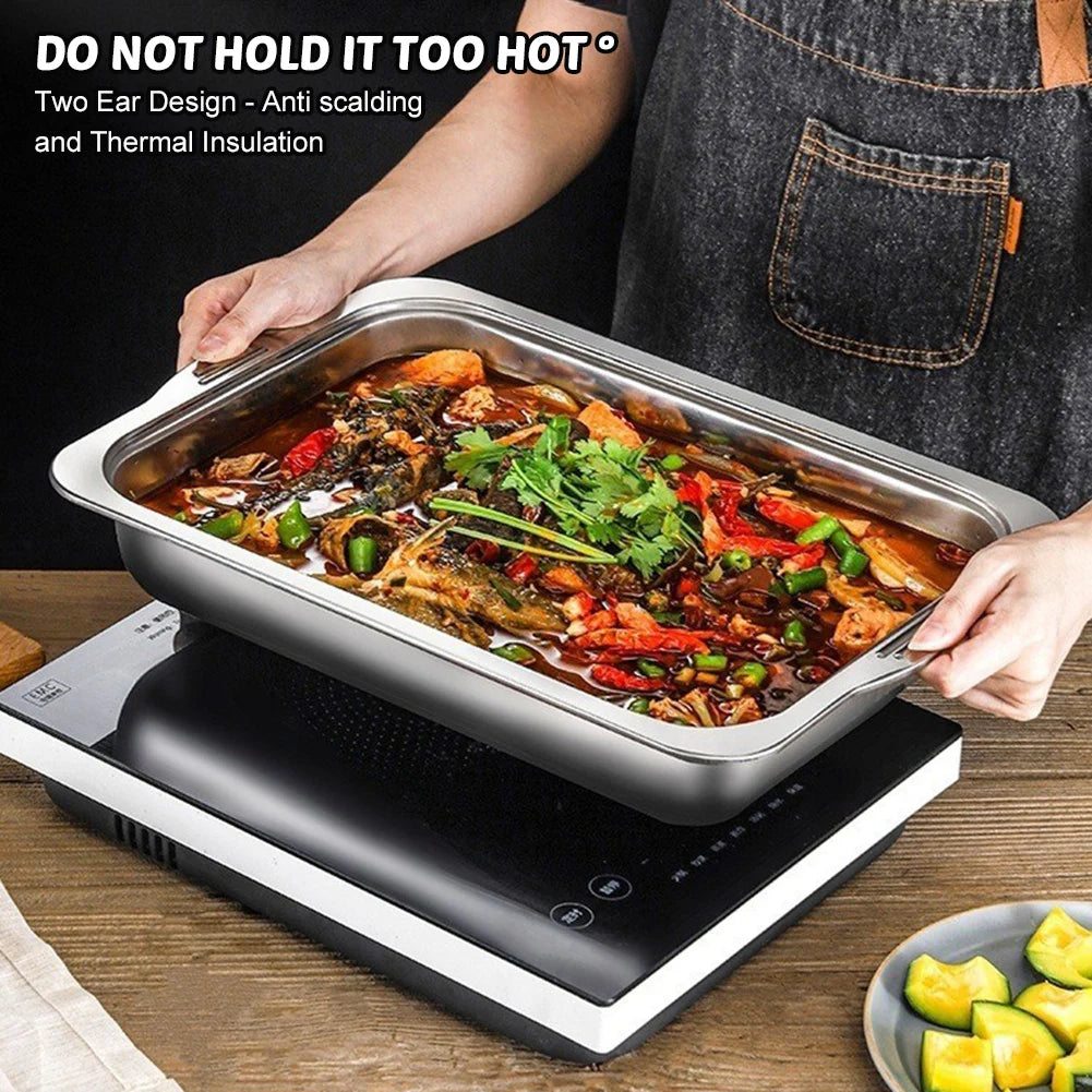 Large Capacity Stainless Steel Fish Deep Plate Both Gas and Induction Cooker BBQ Fried Beef Food Tray Seafood Dish Bbq Plate.