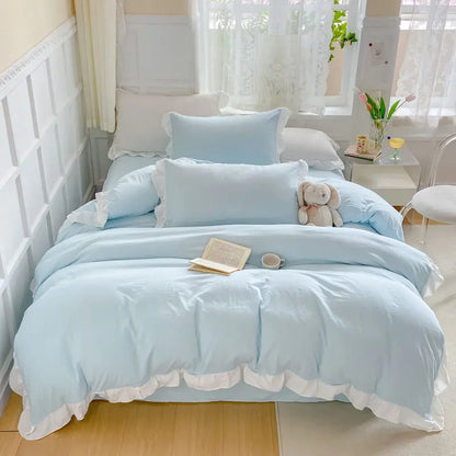 Korean Princess Style Duvet Cover Set No Filling Pink Blue Soft Washed Cotton Girls Favorite Ruffles Bed Linen Pillowcases.