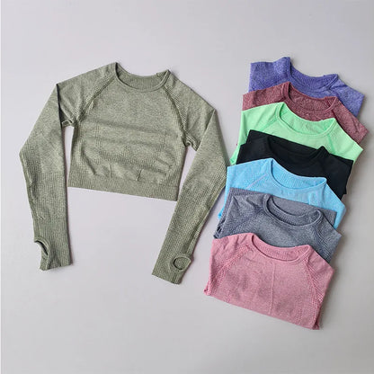 Women's Shirt Seamless Crop Top Fitness Shirts Long Sleeve Sports Top Woman Yoga Tops Activewear With Thumb Hole Sportswear.