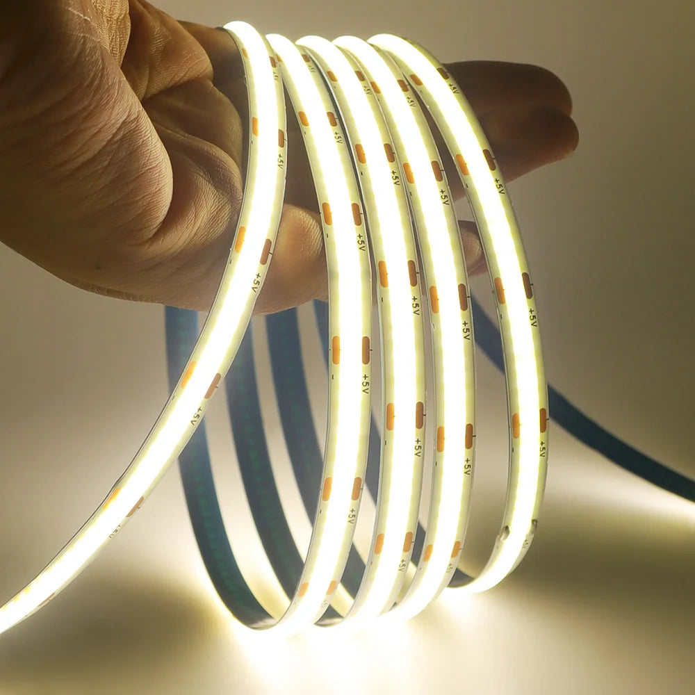 5 V USB-COB-LED-Streifen mit 2-poligem DC-Stecker, 3000 K, 4000 K, 6000 K, 320 LEDs, flexibles Band, lineare Beleuchtung mit hoher Dichte.