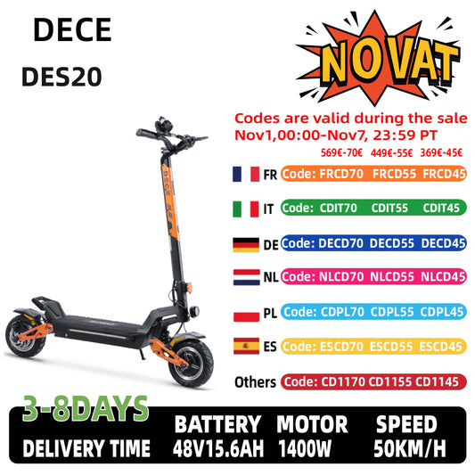 DECE DES20 Adult Electric Scooter 1200W*2 52V18Ah Battery City Commuter E-Scooter 10 Inch Off-Road Pneumatic Tire EScoote.