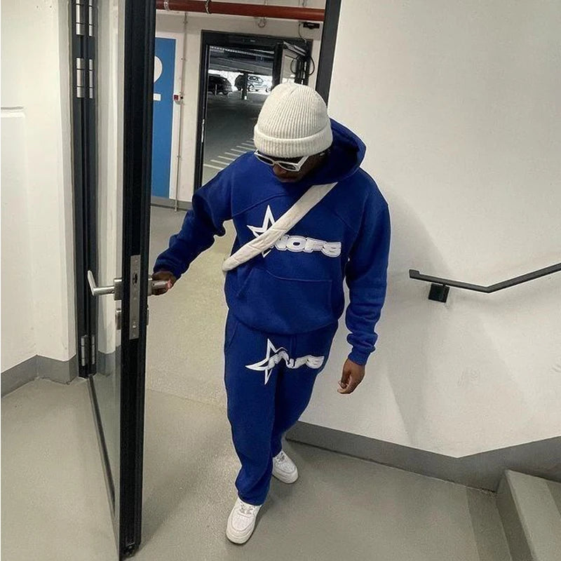 Y2K Herrenbekleidung Buchstaben Grafik bedruckt 2-teiliges Set Trainingsanzug Herren Kapuzenpullover + Freizeithose Sportbekleidung Anzug 2024 Neu.