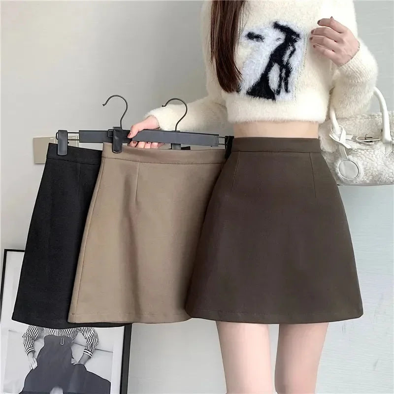 Autumn Winter Womens Woolen Skirt 2024 New Korean Style High Waist Bodycon Mini Skirts Ladies College Style Zipper A-Line Skirt.