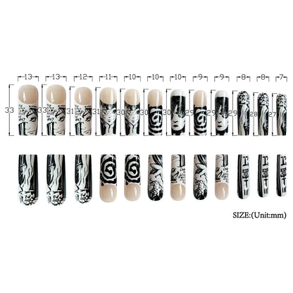 24Pcs Horror Comic Tomie Press on Nails Almond Glossy Black Japanese Anime Nails Reusable Halloween False Nail Tips for Girls.