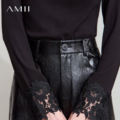AMII Minimalist PU Leather Skirt For Women 2025 American Retro Knee-Length Skirt Solid Basics Business Women's Clothing 12553014.