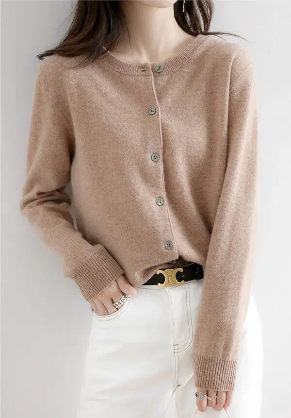 Women Knitted Cardigans Autumn Winter 2025 Round Neck Casual Long Sleeve Tops Solid Basic Soft Sweaters Female.