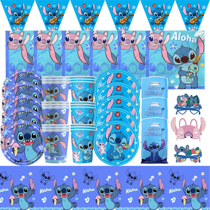 Stitch Party Supplies für Kinder Lilo und Stitch Geburtstag Party Dekorationen Luftballons Banner Tischdecke Hintergrund Geschirr.