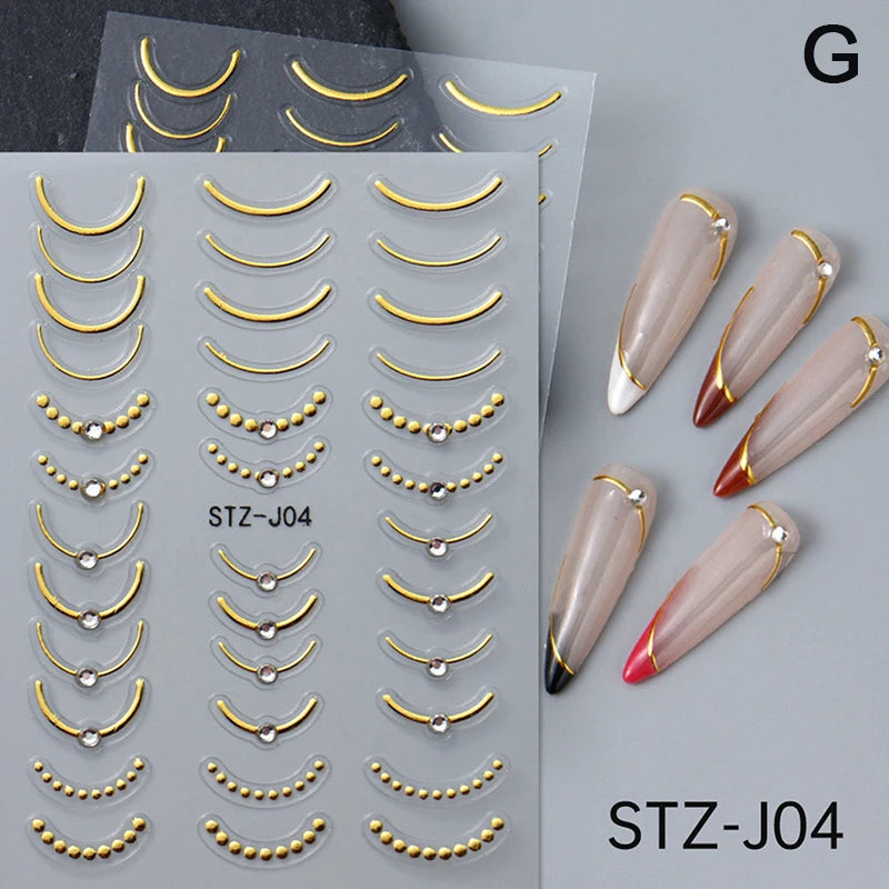 French Tips Nail Sticker 5D Embossed Crystal French Nail Decals Gold Silver Black Line Design Adhesive Slider Nails Art