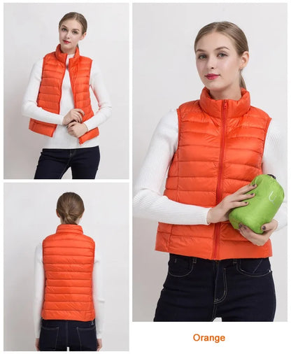 0-10 ℃   Frauen Westen Herbst Winter Ultra Licht Ente Unten Weste Weibliche Dünne Ärmellose Jacke Winddicht Warme Puffer Weste 4XL.