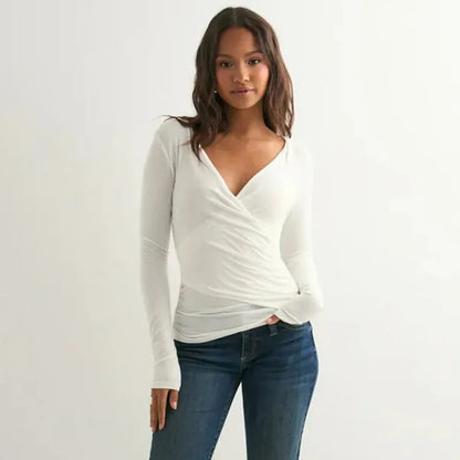 Sexy Solid Color V-neck Long Sleeved T-shirt Top Waist Cinching 2025 Trendy Casual Top for Women.